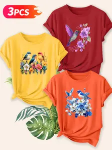 3pcs Women's Floral Bird Heart Pattern Cotton T-Shirt Set, Loose Fit Round Neck Short Sleeve, Soft Breathable Fabric, Spring Summer Casual Street Style Lady