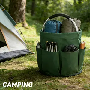 Foldable 18L Camping & Picnic Basket - Nylon Construction with 6 Storage Pockets and Comfortable Handles; Multi-functional Design, Ideal for Outdoor Activities, Gardening, and Organizing Cleaning Supplies.