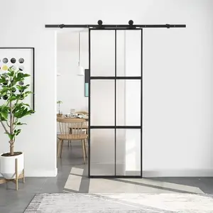 【GARVEE】Glass Barn Door 36in x 84in, Top Mounted Black Carbon Steel Tempered Frosted Glass Sliding Door, Hardware Kit Include Soft Close Mechanism, Easy Assemble