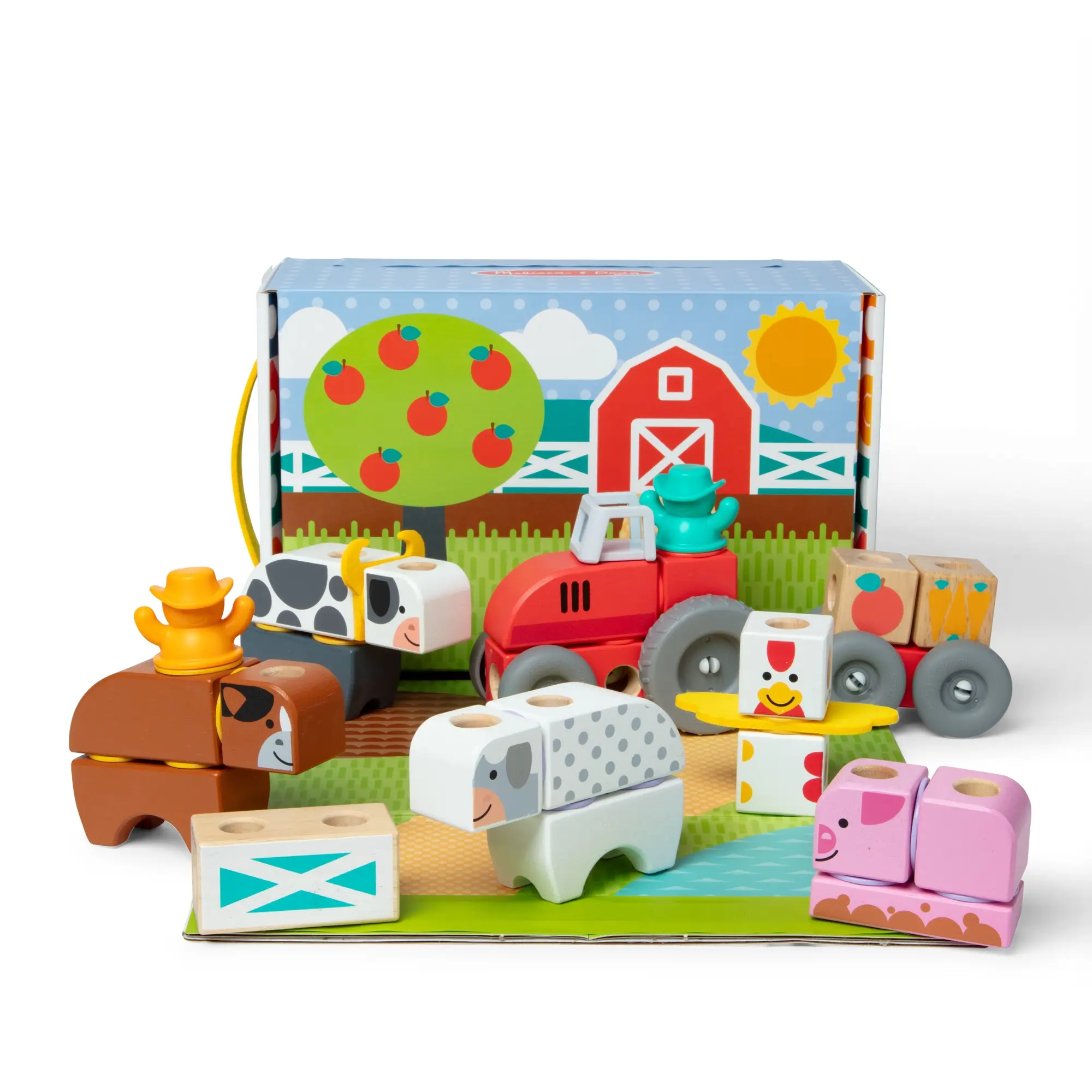 Melissa & Doug Blockables™ Farm Play Set - 56-Piece Connectable Wooden Animal and Truck Toys, Includes Tractor & Trailer, Multi-Textured Design