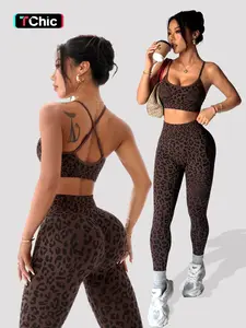 Women's Spring Summer Leopard Print Two-Piece Set, Adjustable Straps Backless Top + High Waist Tummy Control Nine-Point Tight Yoga Pants