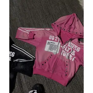 Clothing Pieces Gothic Punk Hip Hop Washed Hoodie Y2K Retro Klein Stone Stripe Embroidered Zipper Hoodie Rock Harajuku Men and Women Street Dress Funny Shirt