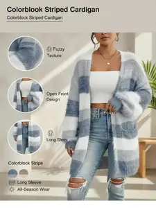 Cozy Cloud Stripe Cardigan Fuzzy Texture Open Front Design Long Sleeve Colorblock Stripe All Season Wear Knitwear Womenswear