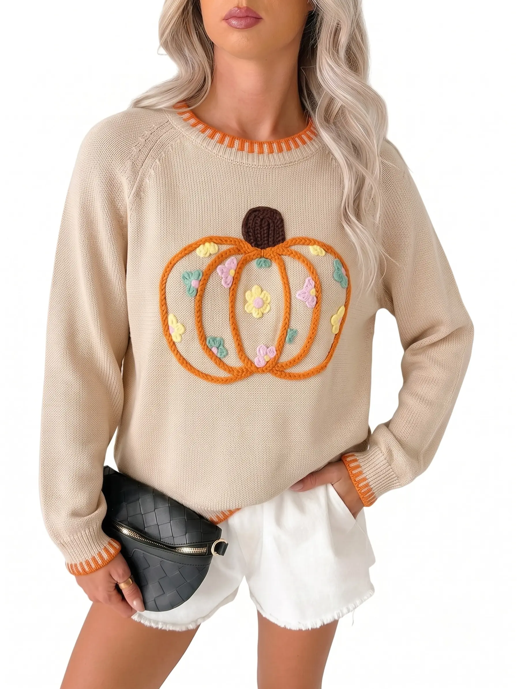 Women's Fall Pumpkin Sweater Floral Embroidery Crewneck Long Sleeve Pullover Knit Tops Thanksgiving Clothes
