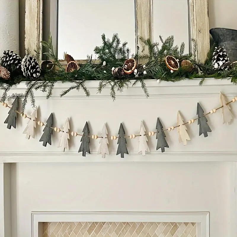 Wooden Decorative Wreath with 12 Trees and Wooden Beads, Winter Decoration, Christmas Decor, Fireplace Ornament, Perfect Holiday Gift