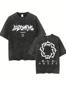 Bad Omens Tour T-Shirt | Heavy Metal Pattern BAD OMENS Text Retro Washed Unisex Loose Fit Band Merchandise Shirt - Black/White, Crew Neck, All-Season Wear, Durable Comfortable Casual Fabric, 230g Heavyweight wicked  merchandise