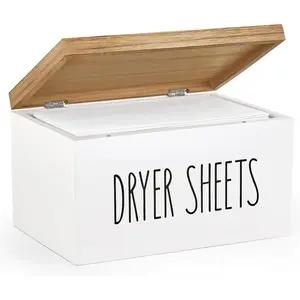 Dahey Dryer Sheet Holder with Lid Wooden Laundry Sheet Container Dispenser for Farmhouse Laundry Room Organization Decor, Versatile Storage Box for Softener Pods and Accessories, White