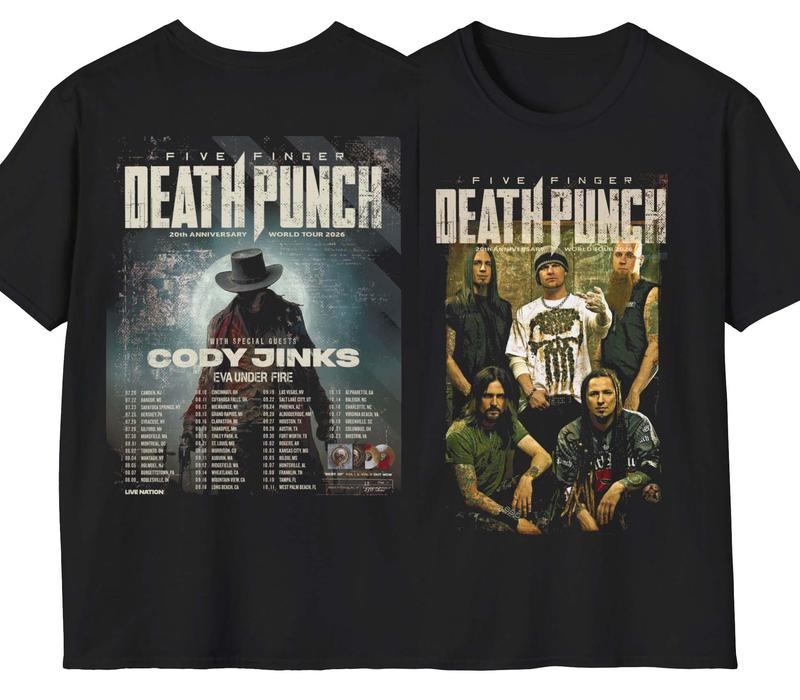 Five Finger Death Punch 20th Anniversary 2026 World Tour 2 Sided Comfort Color Graphic Tee Ring Spun Cotton Casual Soft Washed T-Shirt Trendy Tops Perfect Gift