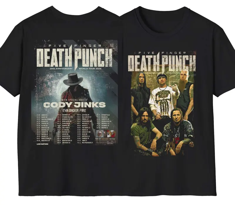 Five Finger Death Punch 20th Anniversary 2026 World Tour 2 Sided Comfort Color Graphic Tee Ring Spun Cotton Casual Soft Washed T-Shirt Trendy Tops Perfect Gift