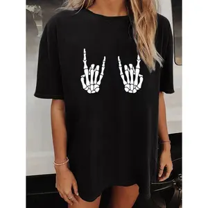 Skull Print Crew Neck T-shirt, Casual Loose Short Sleeve Fashion Summer T-Shirts Tops, Women's Clothing