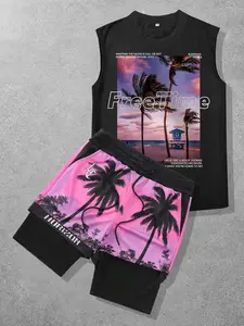 Two-Piece Set Men's Tropical Coconut Tree Print Tank Top & Shorts Set, Regular Fit Casual Letter Graphic Sleeveless Top & Shorts, Summer Clothes Set for Men