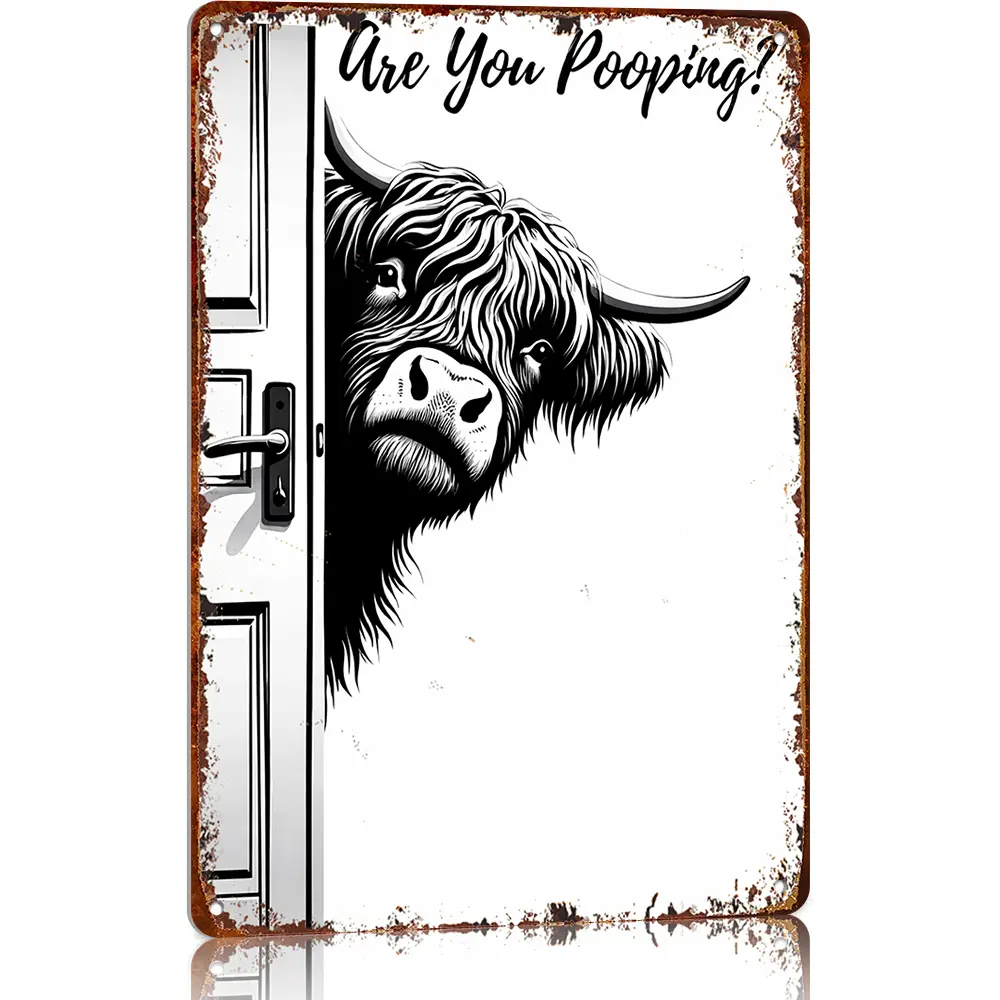 Retro Highland Cow Aluminium Wall Metal Plaque - Funny "Are You Pooping?" Black and White 8x12in Hanging Indoor Bathroom Decoration, Home Decor Products for Western Lovers, Bathroom Decorations