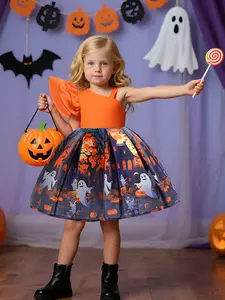 （ Only dress ）Halloween Pumpkin Print Cartoon Dress Kids Princess Costume Floral Pattern Fitted Style Moderate Fabric All Seasons Wear