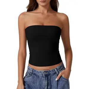 Women's Army Green Strapless Sleeveless Square Neck Double-Lined Slim-Fitting Short-Length Basic Minimalist Top, for Summer Outings, Bridal Wear