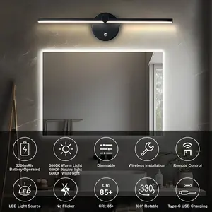 Battery powered wall lamp with remote control, 330 ° rotation, 3000-6500K dimmable LED black wireless wall lamp, rechargeable wireless wall lamp with lighting time of 18 hours, suitable for living room, bedroom, bathroom, 15.75 inches, 5200ma