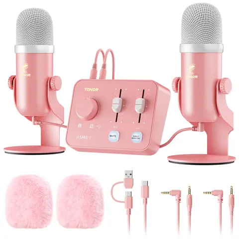 TONOR ASMR Equipment Bundle - Dual Condenser Mics with Audio Mixer, Desktop Stand, Dual-End USB, Multi-Device Compatibility, Channel Control, Immersive 3D Audio for ASMR Creation, Content Creating, Podcast, Reverse Charging, Wired Mic