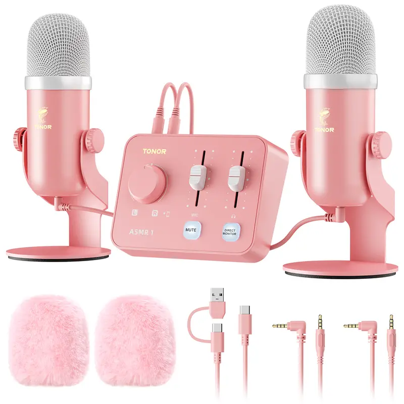 TONOR ASMR Equipment Bundle - Dual Condenser Mics with Audio Mixer, Desktop Stand, Dual-End USB, Multi-Device Compatibility, Channel Control, Immersive 3D Audio for ASMR Creation, Content Creating, Podcast, Reverse Charging, Wired Mic