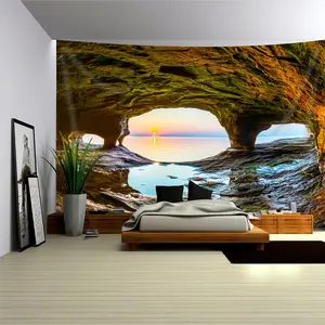 Extra Large Summer Ocean Cave Landscape Photo Wall Tapestry, Oversized Polyester Fabric for Living Room Bedroom Office Decoration, No Installation Needed