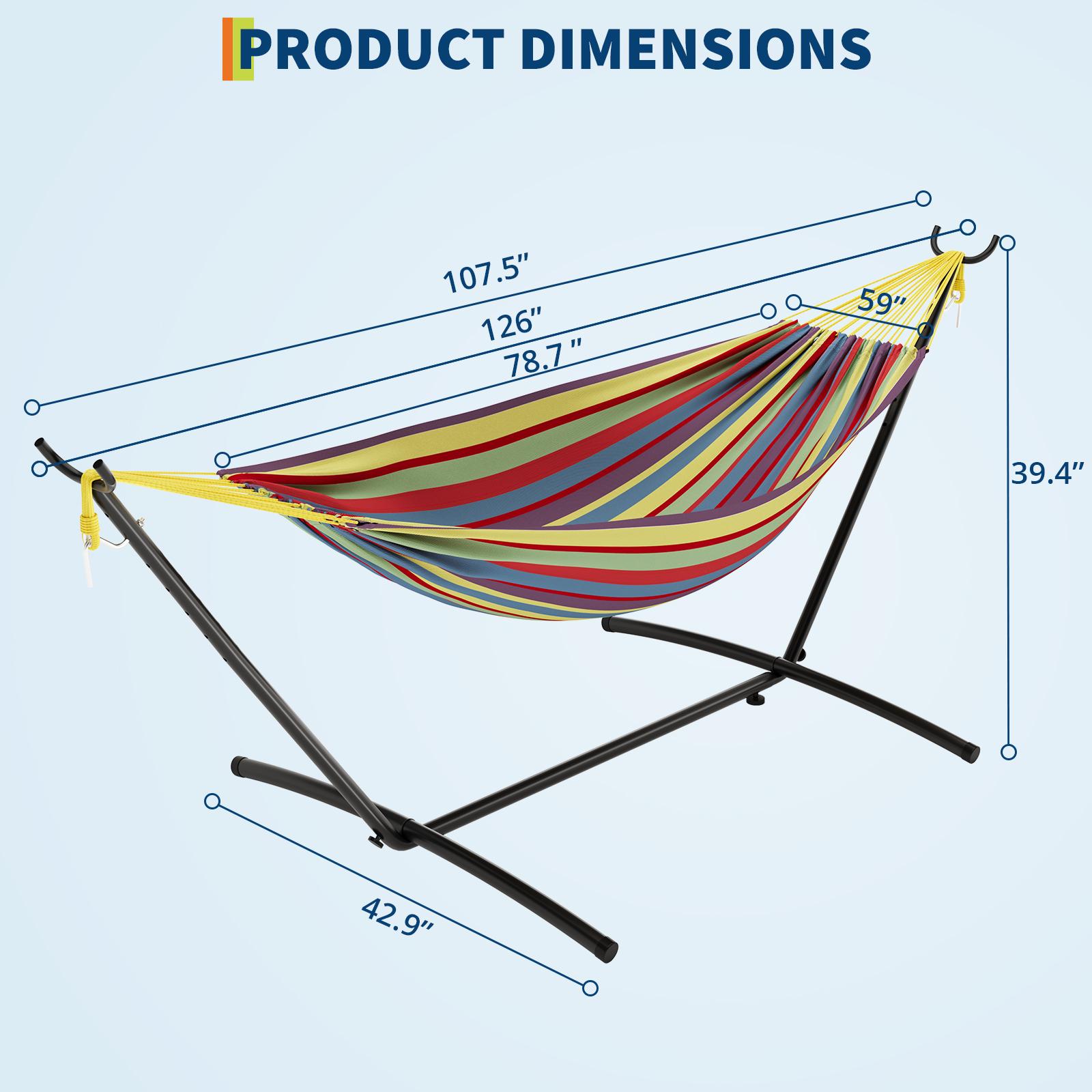 Garvee Double Hammock with Steel Stand, 2-Person Portable Indoor/Outdoor Hammock Set - Space-Saving Heavy-Duty Frame, Easy Assembly, Carrying Bag, 450 lb Capacity - Rainbow Stripes