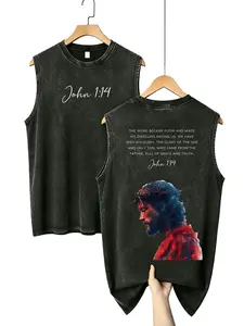 Menswear Unisex Vintage Washed Christian Tank Top Shirt - John 1:14 The Word Became Flesh Jesus Crown of Thorns Print, Relaxed Fit, Oversized, Elegant Sleeveless, Comfortable Premium Soft Cotton Blend Fabric Men's Vest tees graphic good