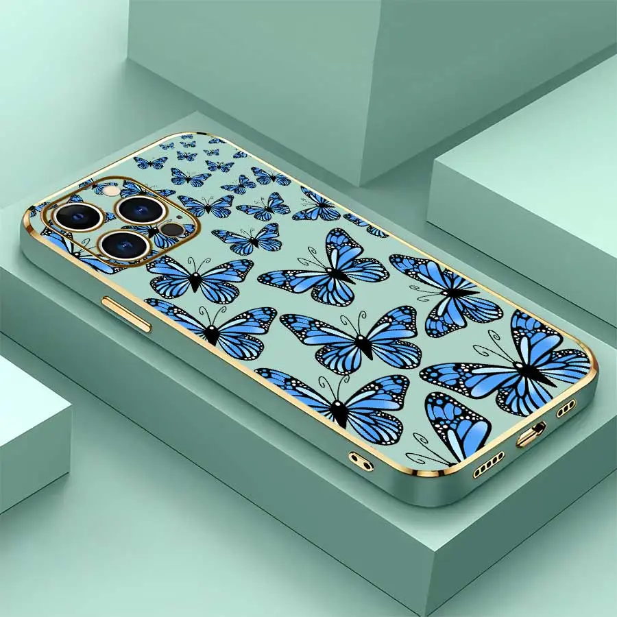 Butterfly Smartphone Case - Shockproof All-Over Blue Print, Exquisite Electroplated Gold Rim, Minimalist Art Style Cellphone Shell, Handheld Protective Cover for iPhone 17 Pro Max,16,16 Plus,15,14,13,12 - Ideal Birthday & Holiday Gift, Protection