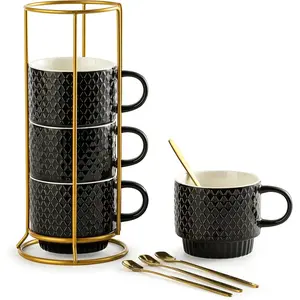Coffee Mugs Set of 4, 13 Ounce Stackable Coffee Mug Set with Stand, Halloween Stoneware Coffee Cup with Spoon for Coffee, Milk, , Cocoa, Black