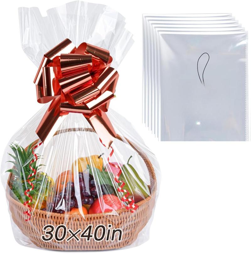 6PCS Extra Large Cellophane Bags, 30x40 Inches Clear Cellophane Wrap for Gift Baskets, Jumbo Huge Packaging Clear Gift Bags 2.8 Mil Thick