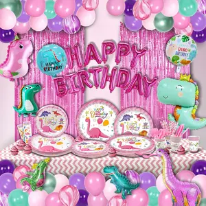 150 Pcs Dinosaur Birthday Party Supplies For Girls (Serves 12)Pink Dinosaur Party Decorations50 Pcs Latex Balloons12 Sets TablewarePlatesTableclothInstallation Tools