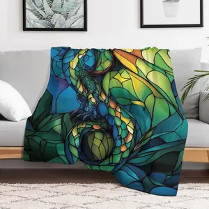 Stained Glass Green Dragon Flannel Throw Blanket, Mythical Dragon Print Soft Cozy Blanket for Couch, Fantasy Gift for Dragon Lovers