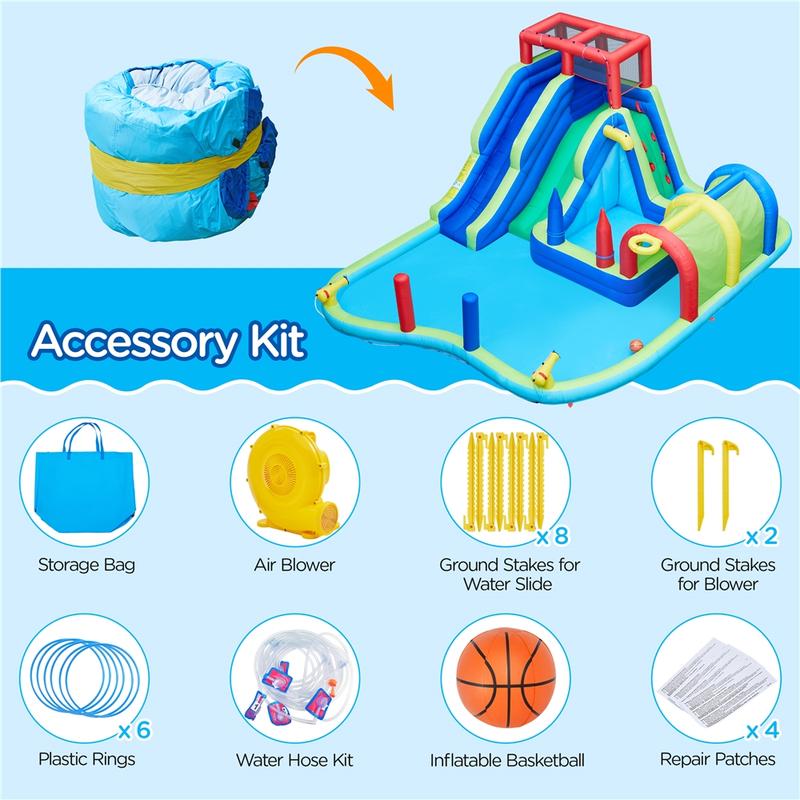 Yaheetech Inflatable Water Slide, Double Lane Water Slide, Combo W/ Storage Bag & 650W Blower, 2 Slides & 2 Pools & 2 Water Cannons & Tunnel & Basketball Hoop & Climbing Wall & Punching Bags & Ring Toss Game, For Kids Aged 3 To 10