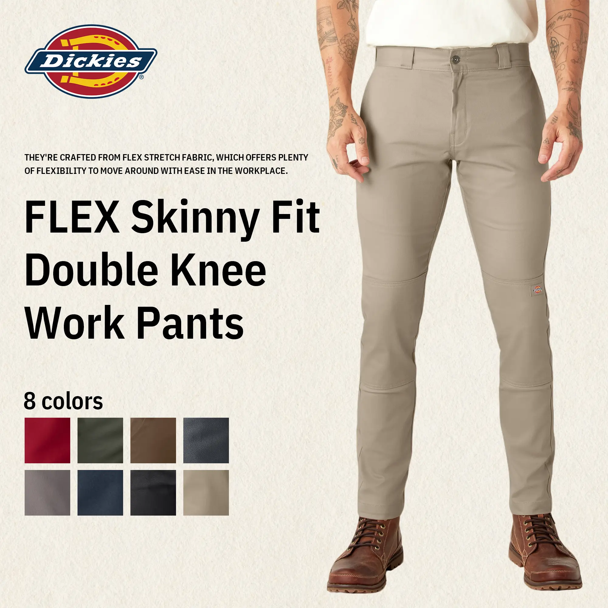 Dickies | Men's FLEX Skinny Fit Double Knee Work Pants, Wrinkle-Resistant,Stain- Resistant, Reinforced Knees, Breathable Comfort, Slim Fit
