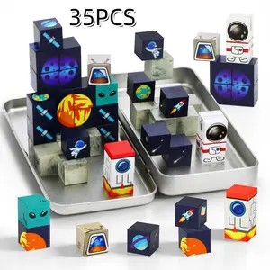 35pcs Portable Box Space Rocket Magnetic Blocks Set, Stem Montessori Stacking Toy, Sensory Play Gift for Kids, Educational Fun Kit, Magnetic Building Blocks