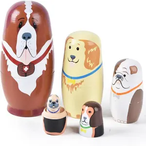 Wooden Puppy Nesting Dolls, 5-Piece Russian Matryoshka Set, Handmade Wooden Stacking Toy for Kids, Christmas Party Decorations