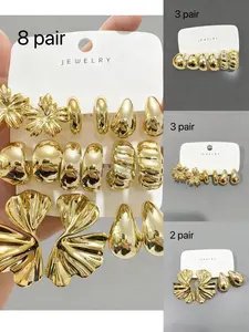 4/6/16pcs Gold-Tone Fashion Earring Set For Women, Includes Left & Right Ear Flowers, Five-Leaf Flowers, Teardrop, Heart, Small C-Shape Designs, Stylish & Elegant, Suitable For Daily Wear, Gatherings, Parties. Great Gift For Girlfriends, Mothers.