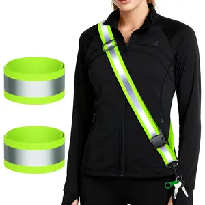 Reflective Walking Gear at Night, High Visibility Safety Reflective Sash Belt and 2-Pack Armband Set, Night Running Safety Gear for Women Men Kids, Green