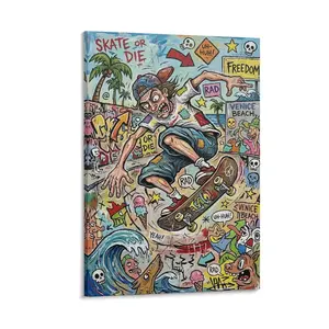 1pc Frameless Colorful Graffiti Skateboarder Canvas Art, Venice Beach Street Art Print, Cartoon Home Decor for Living Room, Bedroom, Skate Lovers’ Space