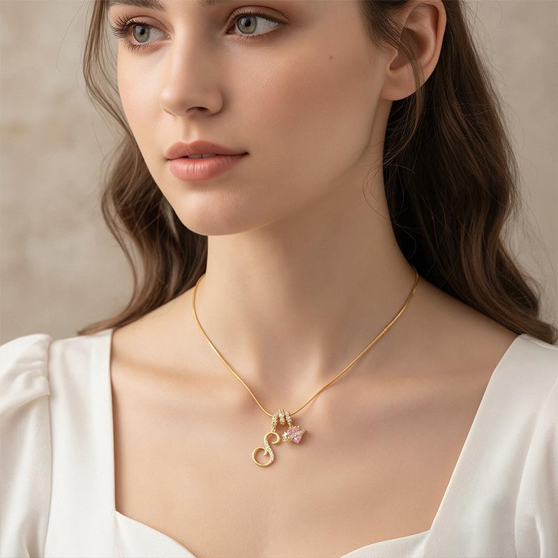 PolarEve Initial Heart Necklace A-Z Letter Pendant Necklaces for Women Snake Chain Choker, Pink Cubic Zirconia Pendant Letter Diamond 18K Gold Plated Fashion Jewelry, Hypoallergenic, Adjustable Size, Perfect Gift for Women and Girls, Valentine's Day Gift