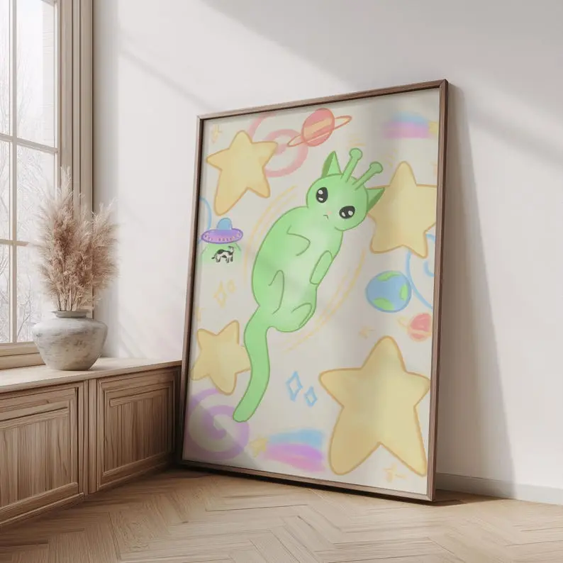 Cute Alien Cat Poster Kawaii Space Cat Wall Art Print Whimsical Galaxy Room Decor Cute Cat Art Gift, Product without frame