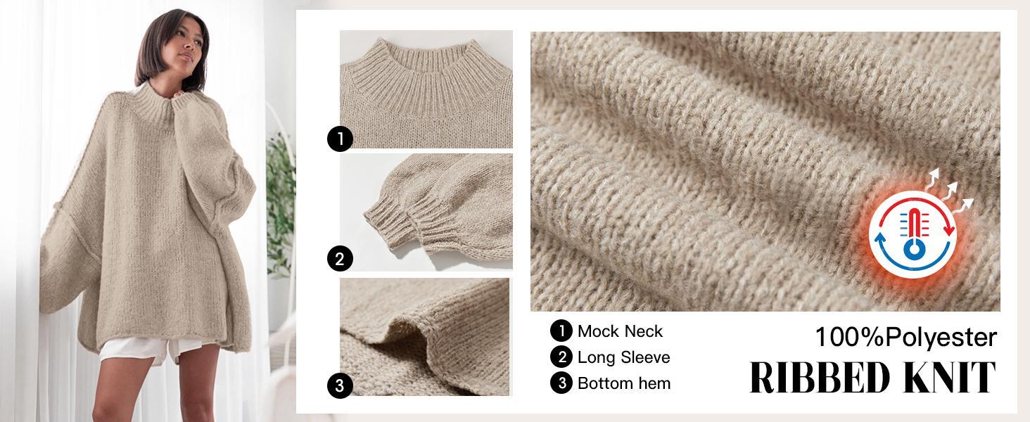 Imily Bela【Oversized】Womens Sweaters Mock Neck Batwing Long Sleeve Fall Trendy Ribbed Knit Casual Tunic Sweater