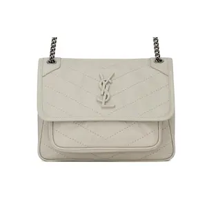 Saint Laurent YSL Niki Logo Vintage-Wrinkle Chain Crossbody Bag for Women, Calfskin Mini Shoulder Bag in White