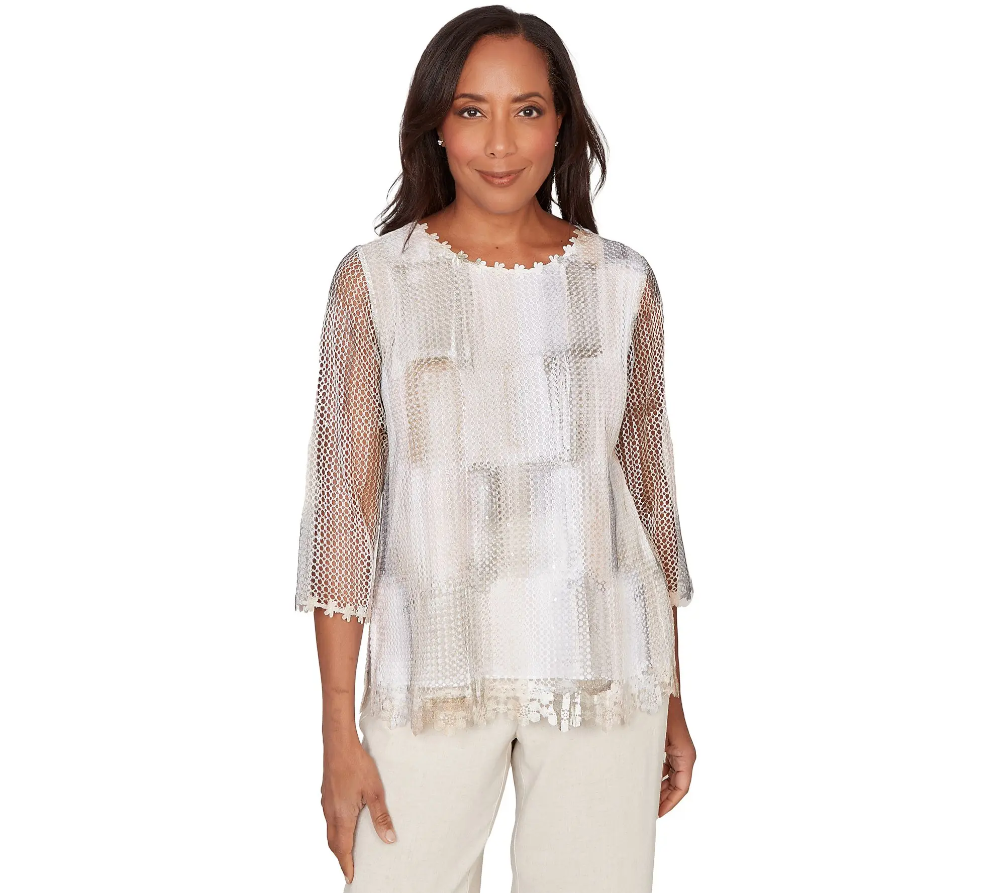 Alfred Dunner Petite Neutral Brushstrokes Mesh Top