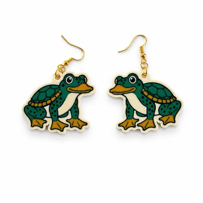 “FDT” Frog Duck Turtle Earrings – Whimsical Retro Animal Dangle Earrings – Funny Cryptid Inspired Jewelry – 3D Printed Statement Earrings