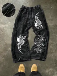 Men's Casual Cotton Sports Pants, Wing Skull Print, Ankle Length, Drawstring Waist, Street Style, Perfect for Outdoor & Holidays