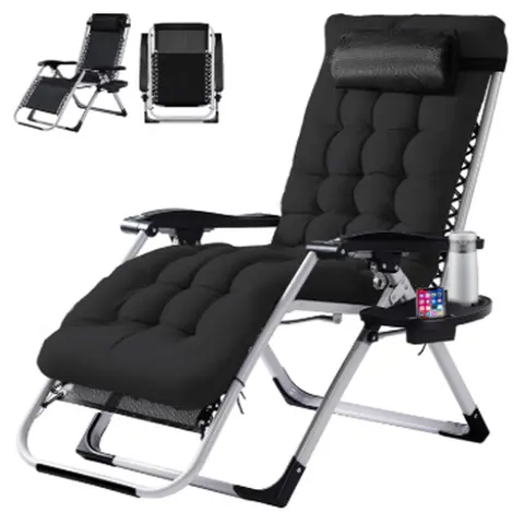 Reclining Lounger, 440lbs Capacity Folding Camping Chair Loungers with Cup Holder & Removable Cushion for Airflow, Portable Patio Folding Chair