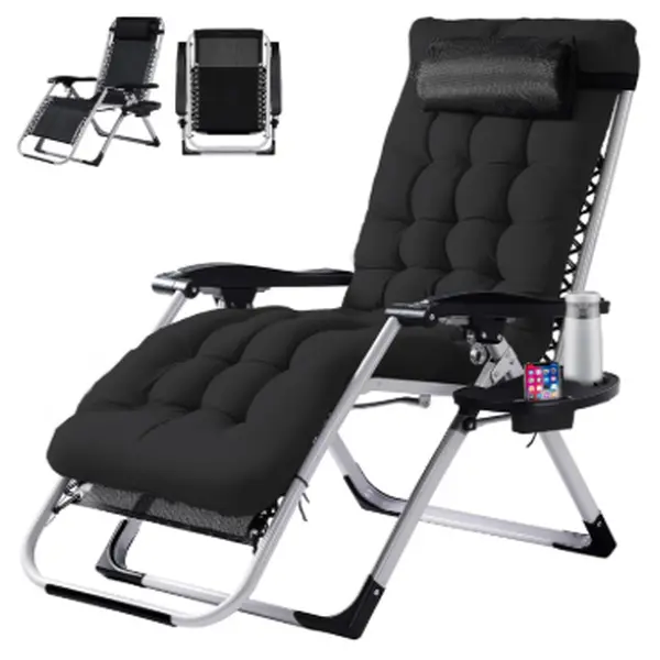 Adjustable Foldable Reclining Lounge Chair - Outdoor Chairs with Cup Holder, Pillow, Removable Breathable Cushion, 440lbs Capacity, Cup Stays Put for Backyard, Camping