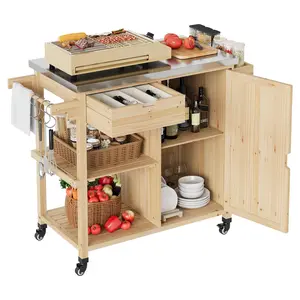 Garvee Solid Wood Outdoor Grill Cart with Stainless Steel Top, Drawer, and Open Shelves - Portable Rolling BBQ Prep Table and Kitchen Island for Patio, Garden, and Backyard Storage