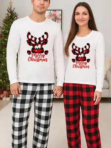 Christmas couple pajama sets, reindeer printed polyester/spandex, crew collar, short sleeves, checked pants with pockets, casual knitted pajamas, holiday home wear