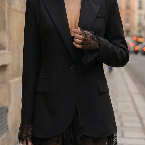 Women's Elegant Fitted Long Sleeve Blazer, Ladies Stylish Lace Hem Outerwear for Formal Occasions