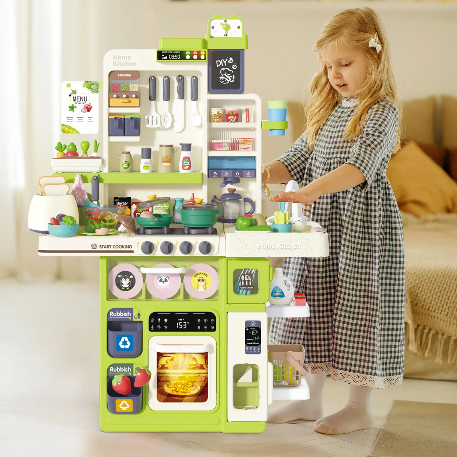 101Pcs Kids Kitchen Playset with Realistic Stove Lights Music Faucet Sink Play Food Toy for Toddlers Green