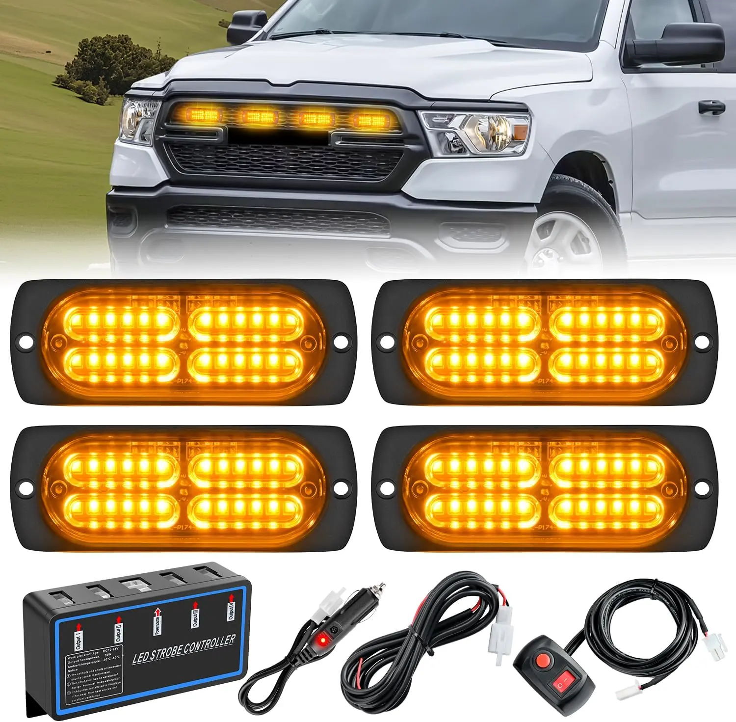 Nilight 4PCS 24-LED Amber Strobe Light Kit - 12V-24V Automotive Bars & Emergency Work Lights with Sync Feature, 1 Control Switch, 1 Main Control Box, 11.48ft Hard Wire/Plug Installation for Cars, Trucks, Automotive Car Light